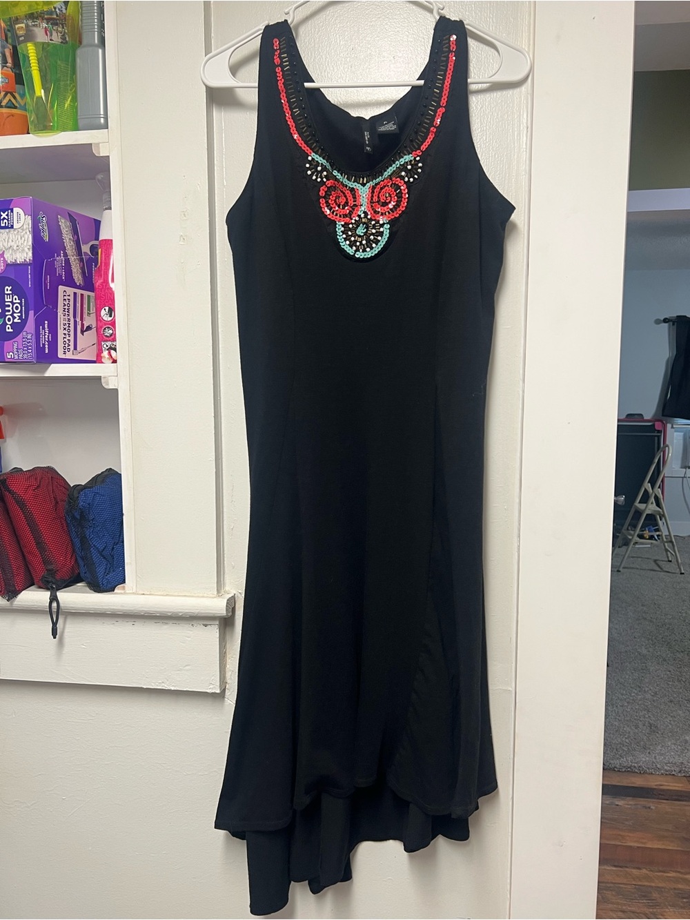new directions Black High-Low Sleeveless Dress with Red & Turquoise Beadwork